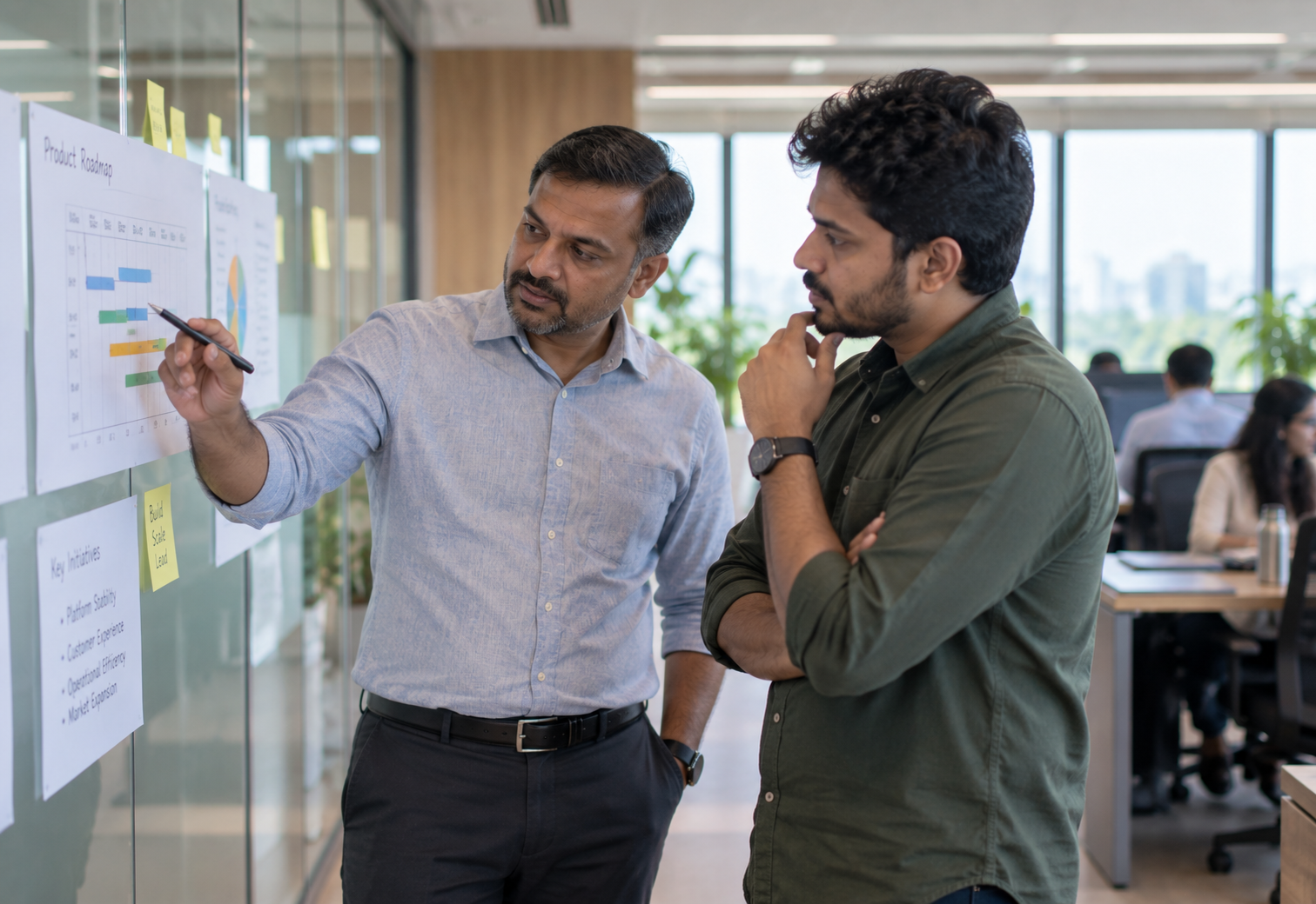 Leiten leadership reviewing the product roadmap