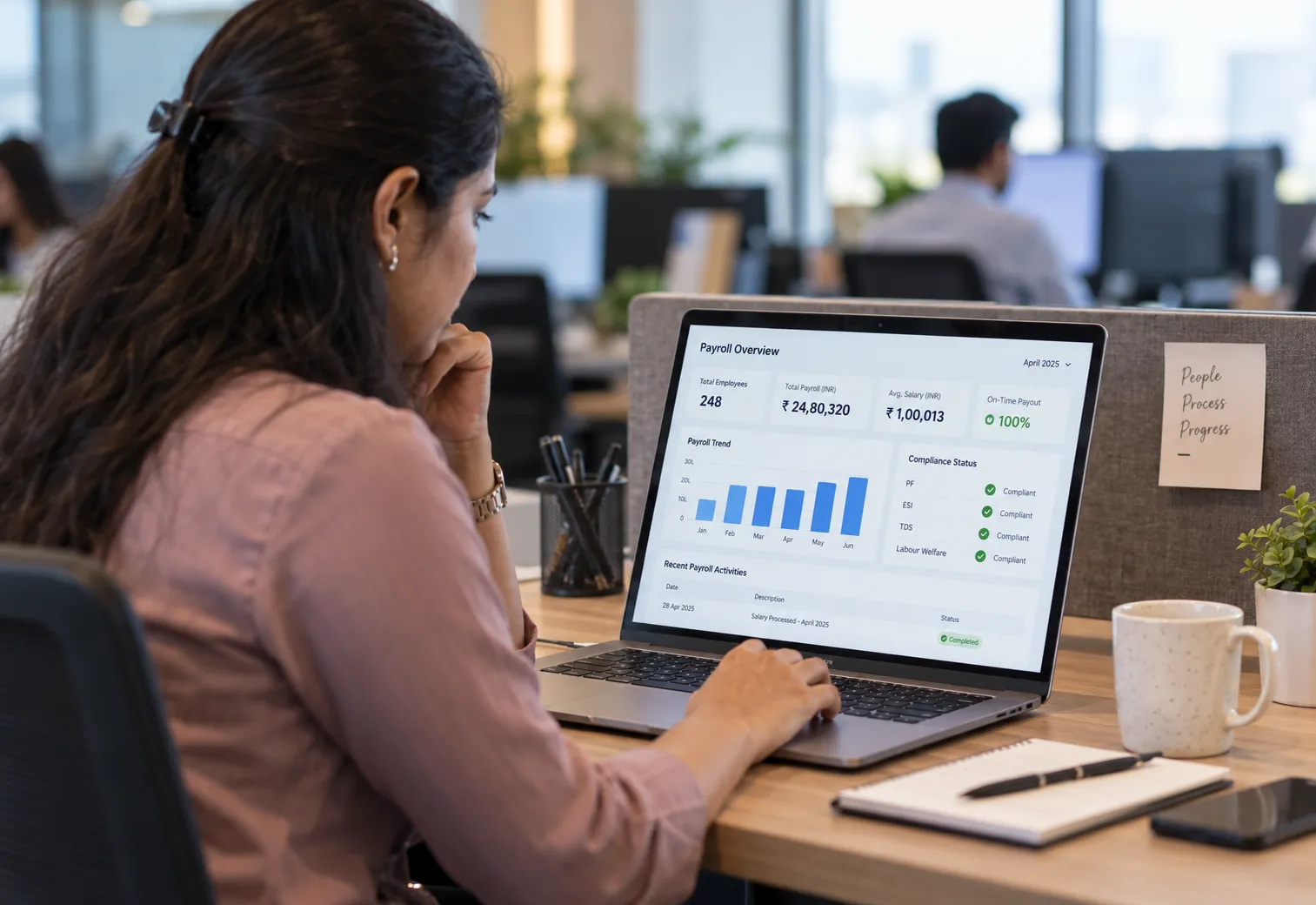 HR manager reviewing LeiPay payroll dashboard on a laptop