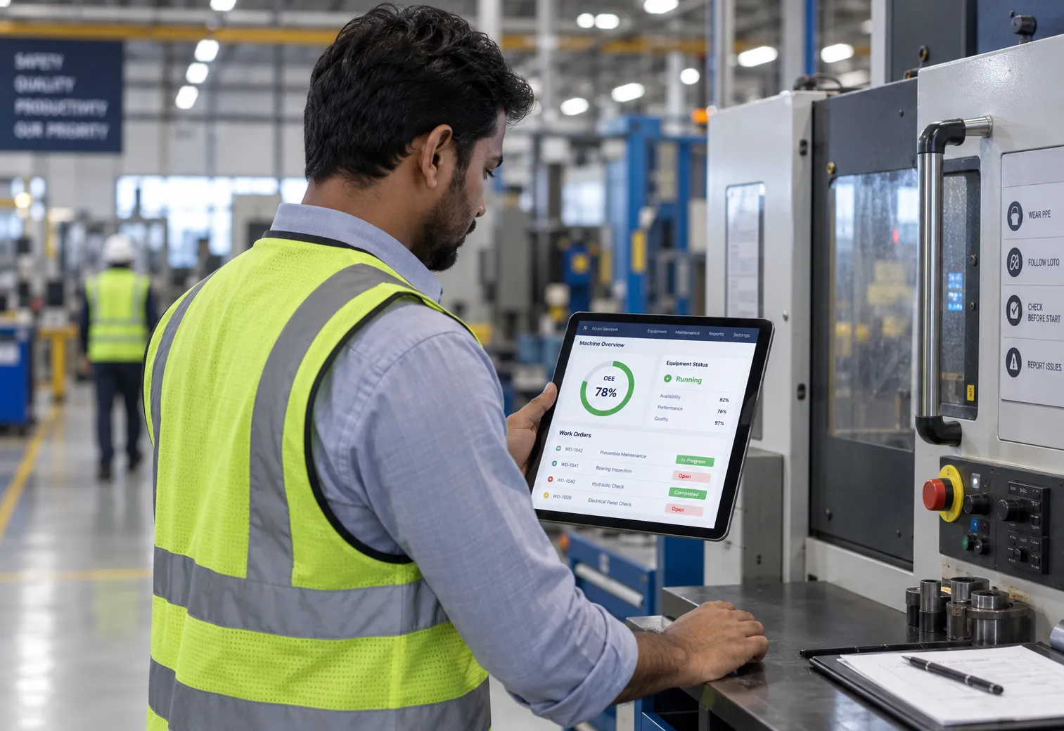 Maintenance engineer reviewing TorqHub's OEE and work order dashboard on a tablet at a machine