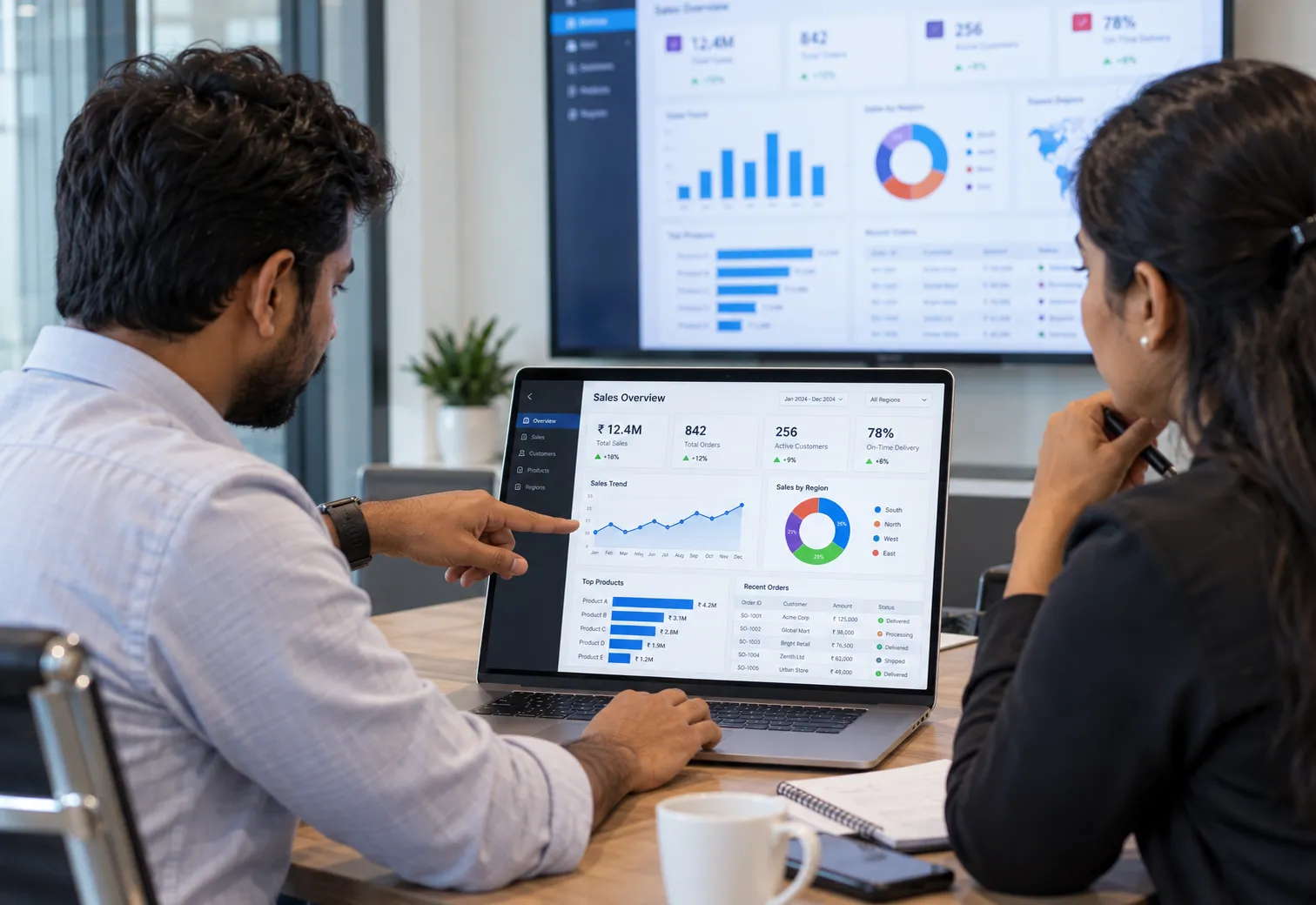Power BI sales dashboard reviewed on a laptop in a business meeting