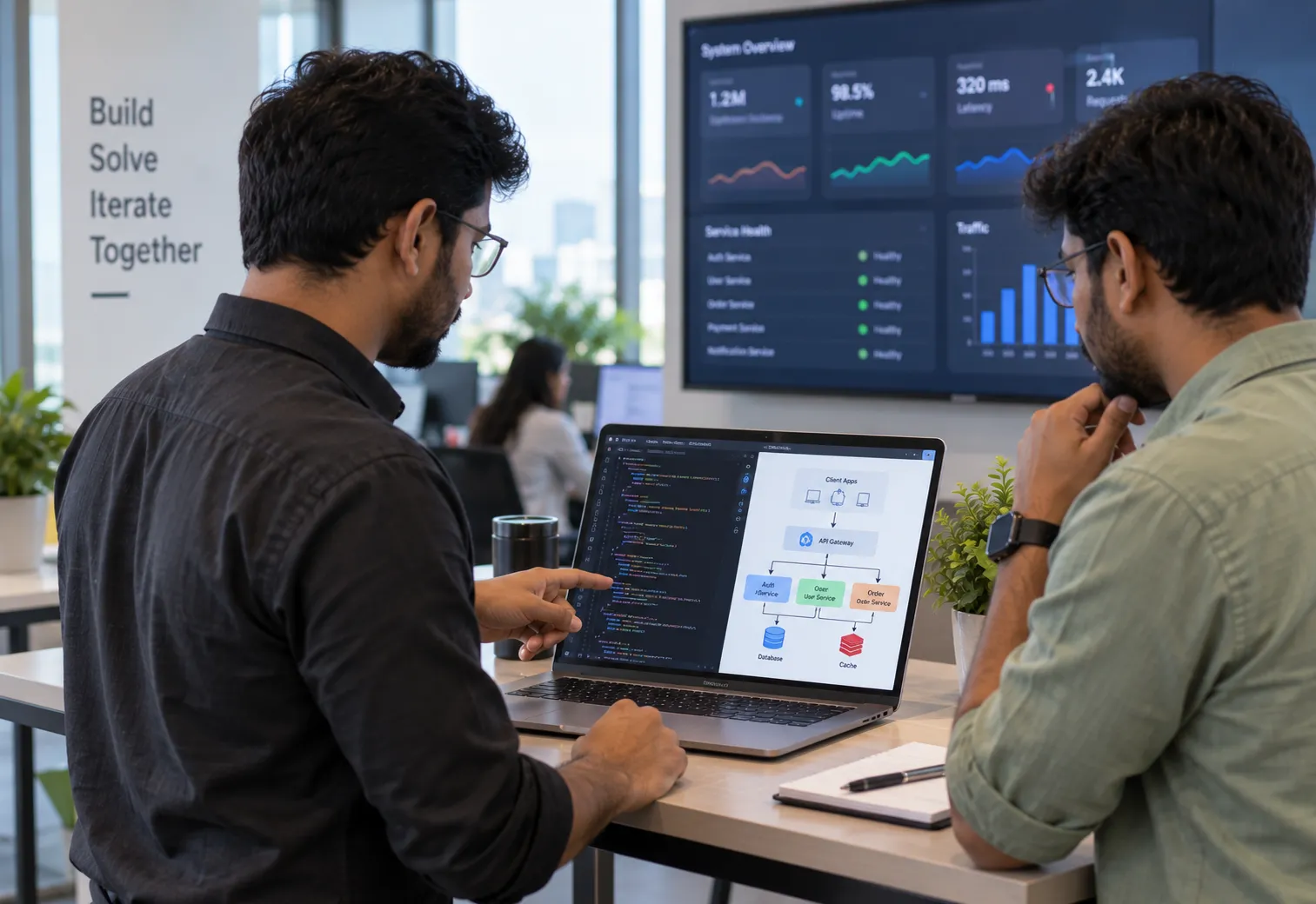 Leiten developers reviewing an architecture diagram and system dashboard